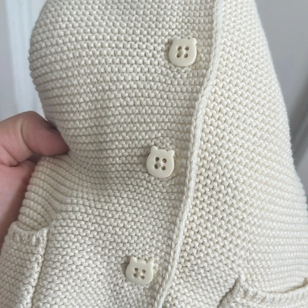 Baby Gap Bear Ear Hooded Sweater Cardigan Cream Knit Jacket 12-18M